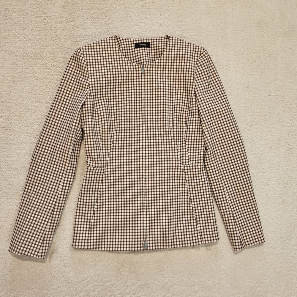 NEW Theory Checked Jacket Blazer Size 4 Brown Minimalist Business Casual Luxury - Picture 4 of 10
